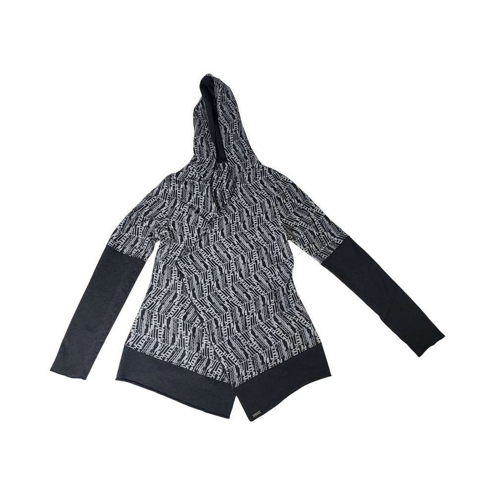 PrAna Womens Hooded Wrap Cardigan Black White Geometric Chevron Asymmetrical M
